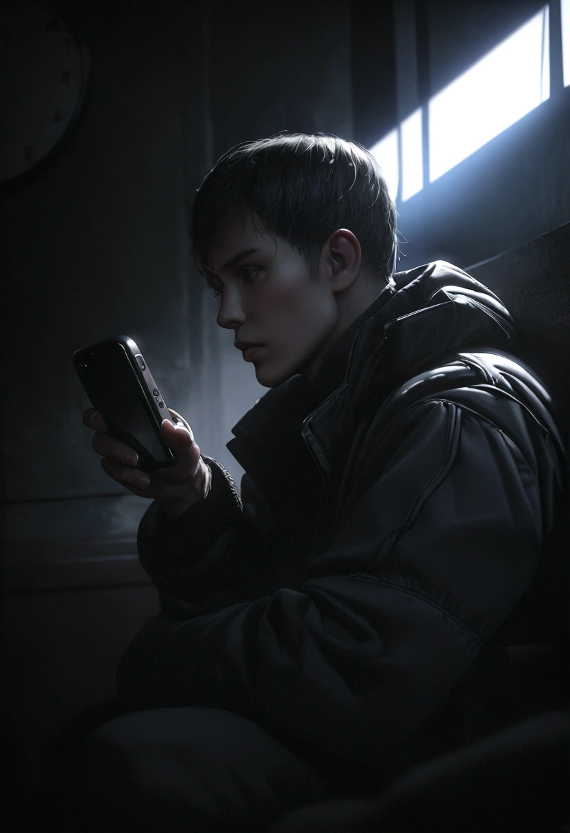 a man wearing a black tactical jacket, sitting and looking at a wall clock, in the dark living room of his home, with a serious expression looking at his phone, cinematic lighting, dark moody atmosphere, intricate details, hyperrealistic, 8k, photorealistic, dramatic lighting, chiaroscuro, high contrast, dramatic lighting, moody, dark shadows, sharp focus, ultra-detailed, hyper-realistic, dramatic lighting, dark and moody atmosphere, dramatic tone, photorealistic, high quality, detailed environment, intricate details, cinematic, realistic, sharp focus, dramatic lighting, dark moody atmosphere