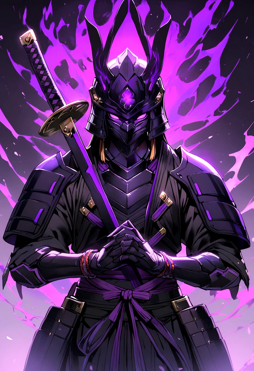A samurai in a black armor with two purple katanas in his hands 