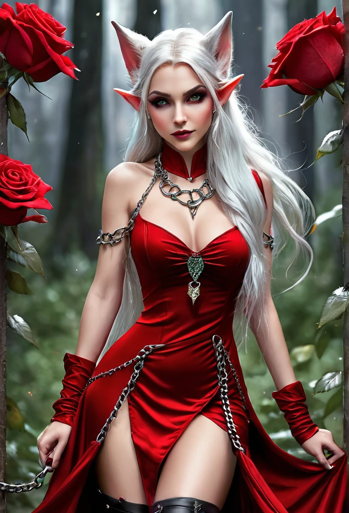 BEAUTIFUL ELF,fully body, (evil expression),(elf ear)short, bodycon dress,pulling a huge wolf by the chain(wolf bigger than elf}red roses around you