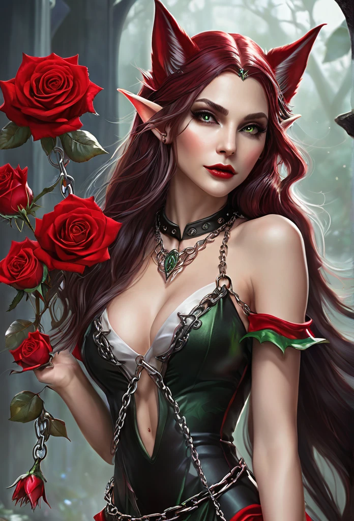 BEAUTIFUL ELF,fully body, (evil expression),(elf ear)short, bodycon dress,pulling a huge wolf by the chain(wolf bigger than elf}red roses around you 