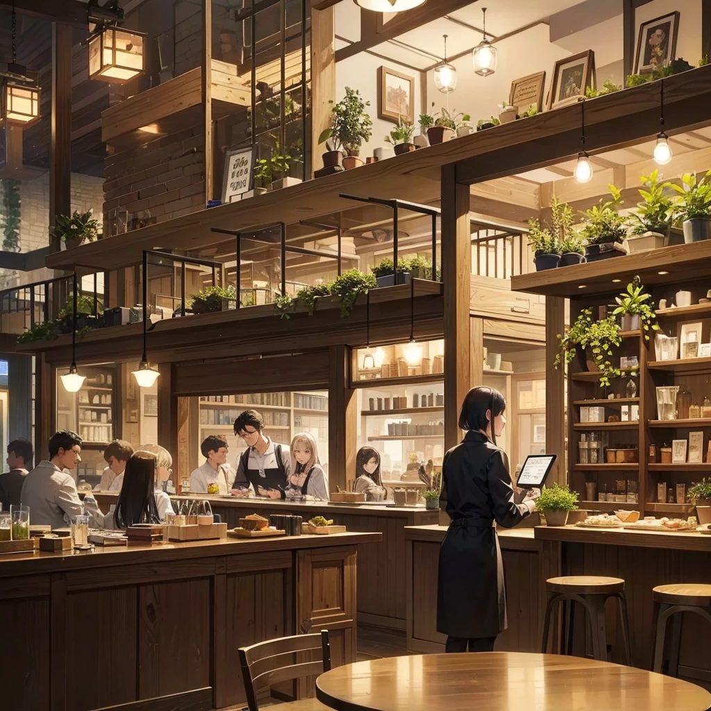 "Draw a realistic café scene on a rainy day. The café has large windows with raindrops trickling down, giving a view of the wet street and pedestrians with umbrellas outside. Inside, capture a cozy atmosphere with wooden tables and chairs, soft ambient lighting, and a variety of patrons. Some customers are reading, others are chatting quietly, and a few are working on laptops. Behind the counter, baristas are preparing coffee, with steam wafting up from the espresso machine. Include an abundance of greenery: potted plants on the floor, hanging plants from the ceiling, and small succulents on the tables, enhancing the warm and inviting ambiance. Add details like a chalkboard menu, shelves with coffee beans and pastries, and a display case with baked goods."