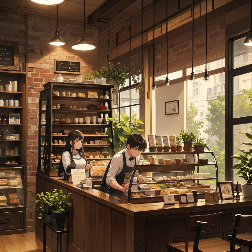 "Draw a realistic café scene on a rainy day. The café has large windows with raindrops trickling down, giving a view of the wet street and pedestrians with umbrellas outside. Inside, capture a cozy atmosphere with wooden tables and chairs, soft ambient lighting, and a variety of patrons. Some customers are reading, others are chatting quietly, and a few are working on laptops. Behind the counter, baristas are preparing coffee, with steam wafting up from the espresso machine. Include an abundance of greenery: potted plants on the floor, hanging plants from the ceiling, and small succulents on the tables, enhancing the warm and inviting ambiance. Add details like a chalkboard menu, shelves with coffee beans and pastries, and a display case with baked goods."