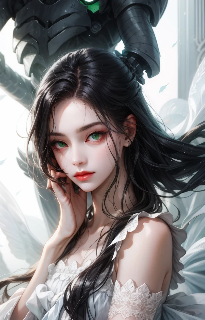 1woman, long hair, black hair, green eyes, sharp and big eyes, very white skin, small face, full lips, unreal beautiful, ethereal, soft face, majestic.