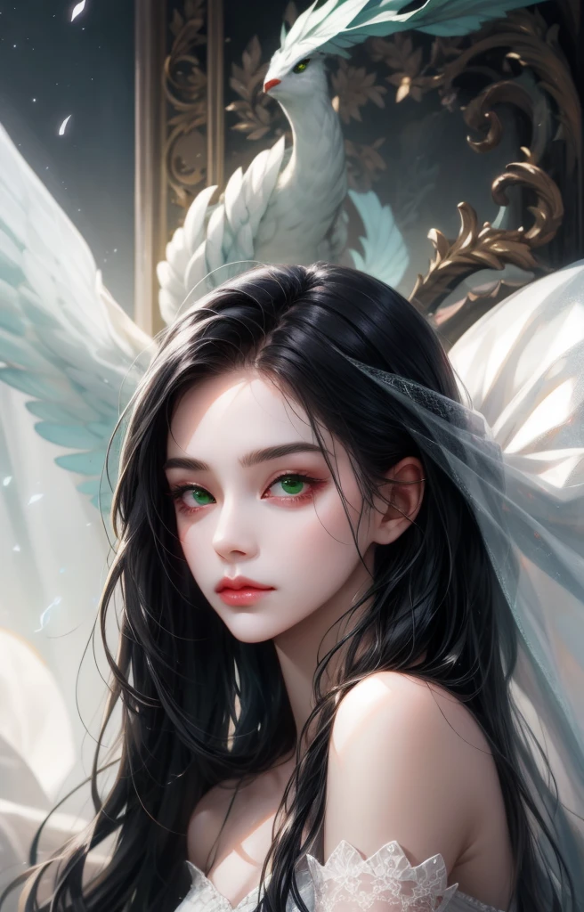 1woman, long hair, black hair, green eyes, sharp and big eyes, very white skin, small face, full lips, unreal beautiful, ethereal, soft face, majestic.