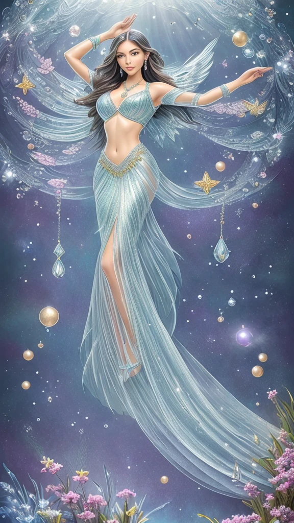 Platinum Tone、((Masterpiece)))、(((Highest quality)))、((Super detailed))、(Ultra-realistic)、(Highly detailed CG illustration)、Particles of light、Halo、Official Art、Fractal Art、water droplets、Space Background、A pot made of water、Shining Star、Full body illumination、Cool Beauty、Adult woman in her 40s、Slender eyes、Sharp Eyes、Sapphire Eyes、Refined elegance、Brilliant beauty、Gorgeous embellished long sleeve mermaid skirt dress、Gorgeous necklace、Gorgeous earrings、The perfect angle、Perfect composition、Dynamic pose。