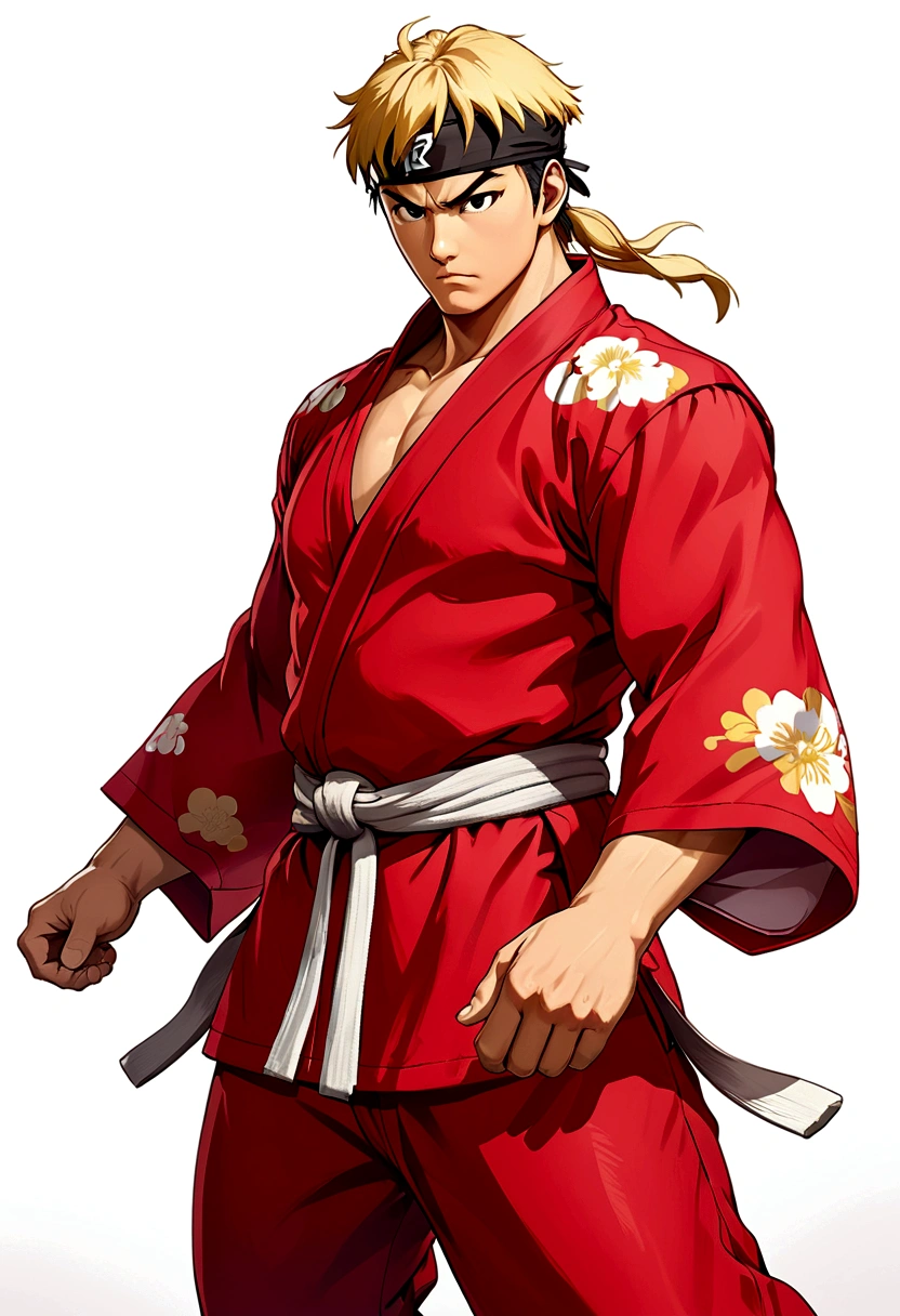 Create a full-body image of Ryu from Street Fighter wearing a solid red kimono, facing forward. The belt of his kimono should already have the name 'Tawkedow' clearly written on it. The background should be white, highlighting Ken in a dynamic and powerful pose, ready for battle. His blonde hair should be clearly visible, and his expression should be intense and focused.