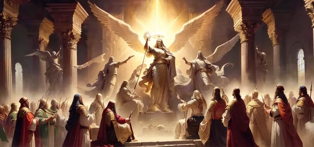 a painting of a group of people around a large statue, epic biblical representation, arte conceitual de deus, the god emperor of mankind, king of kings, by Eugeniusz Zak, biblical epic film, por Aleksi Briclot, por Konrad Klapheck, Holy Spirit, god emperor, holy imagery, apotheosis