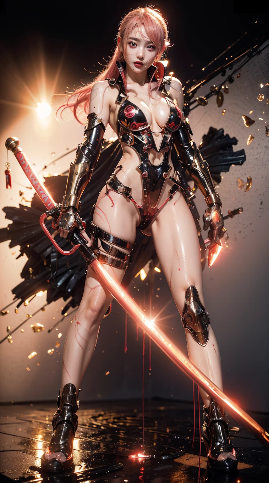 Highest quality、Surreal、Perfect Anatomy、In the middle of a crowded arena、Surrounded by spectators、Crowd、Wet and shiny white skin、Sweat dripping all over the body、Slender model figure、Ahegao、Golden and pink hair、soaked、Super small face、Collars and Leads、Cyberpunk Girl、photo shoot、Black Japanese sword、Black micro bikini、latex、Heart decoration、Cleavage、Dripping blood、Intricate, luminous mechanical parts、
