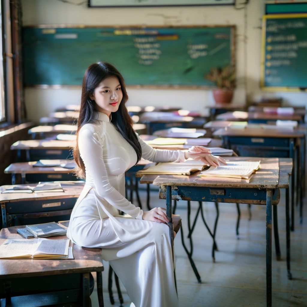 ((Ao Dai, fat, big breasts, beautiful breasts, sitting on a chair in the classroom, 8k quality photo with good details))