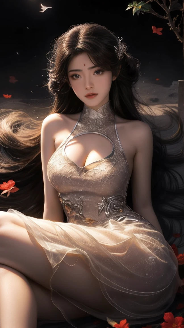 1girl, girl with long black hair, smiling, cheerful, the girl wearing white long dress, girl is lie down among a wide expanse of flowers,girl posing gracefully , surrounded by beautiful flowers, Calm and peaceful atmosphere, night, moonlight , Beautiful glowing butterflies surround the girl lighting up the darkness of the night, magic,Romantic, the night breeze blows the Sepoi Sepoi girl's hair,
