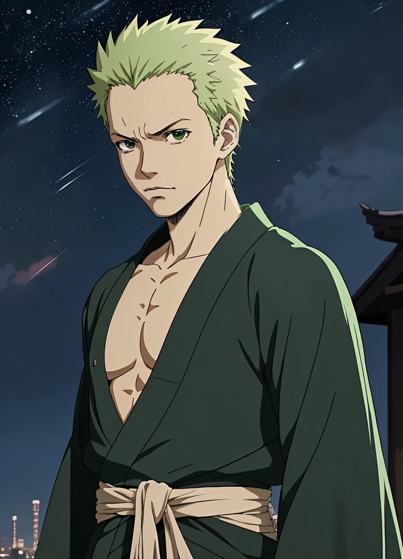 (anime coloring, anime screencap, ghibli, mappa, anime style), 1boy, zoro, green kimono, black sash, paired with a black and green jacket, white katana tied to his waist, dark background, upper body, (closed mouth:1.2), looking at viewer, blue theme, stars, starry night, (masterpiece)