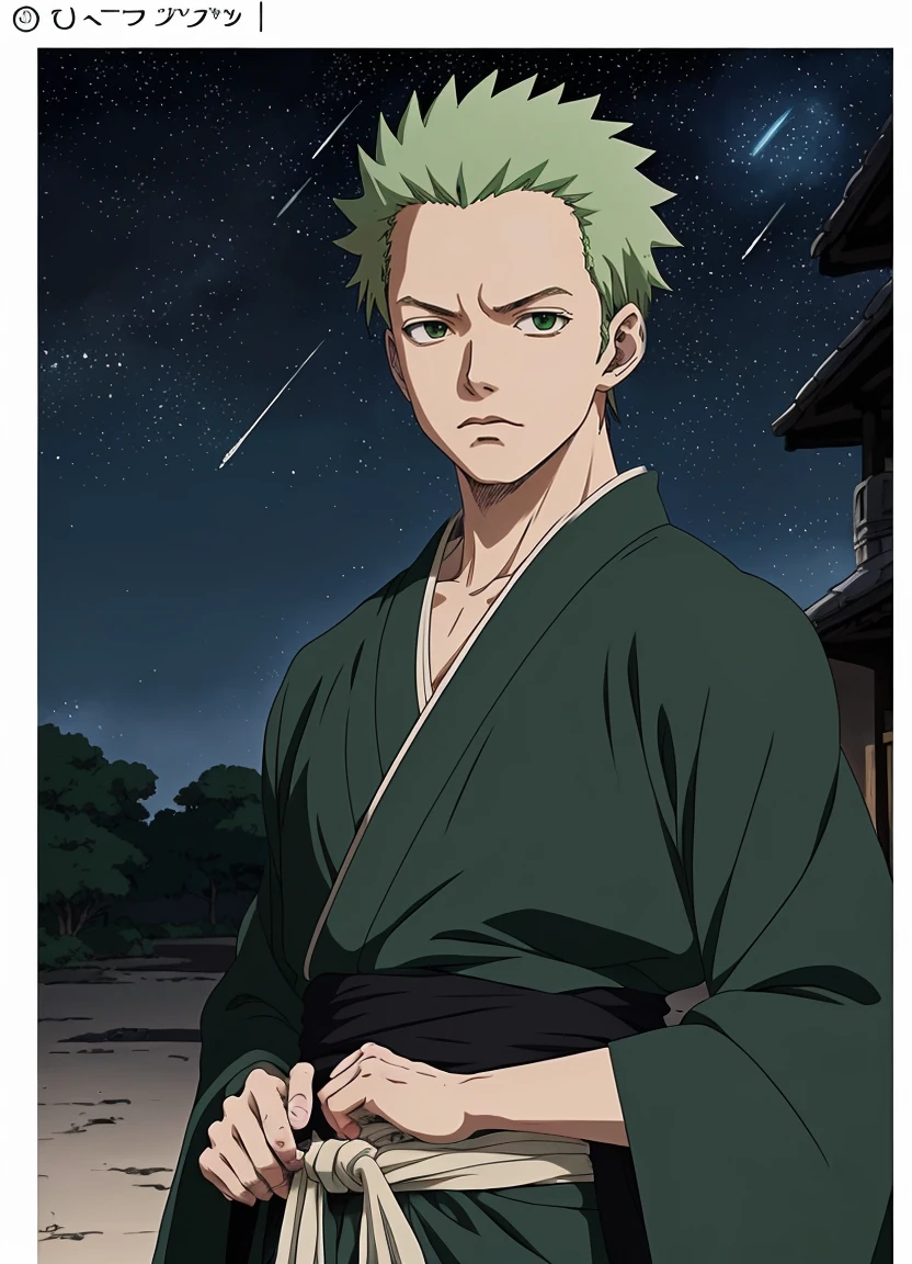 (anime coloring, anime screencap, ghibli, mappa, anime style), 1boy, zoro, green kimono, black sash, paired with a black and green jacket, white katana tied to his waist, dark background, upper body, (closed mouth:1.2), looking at viewer, blue theme, stars, starry night, (masterpiece)