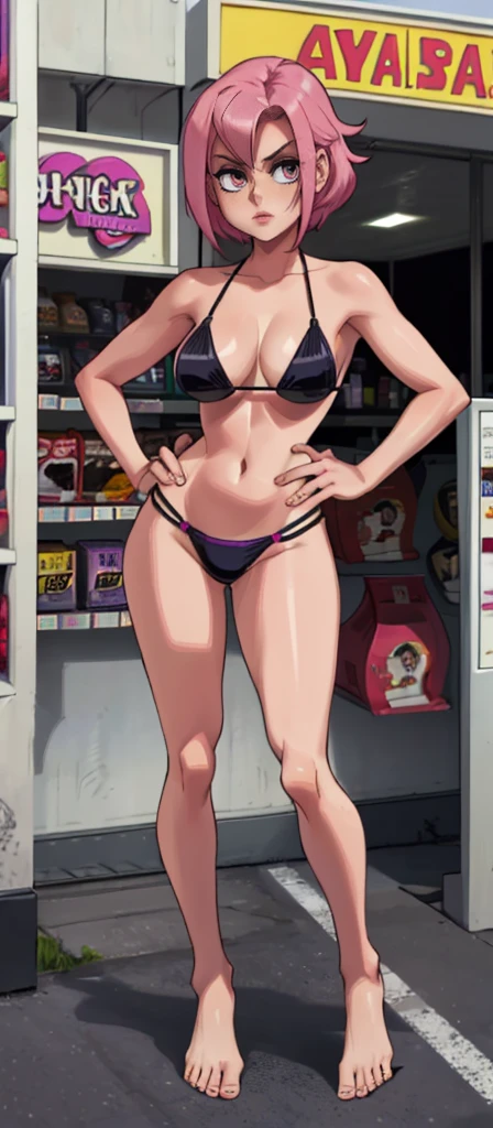 Masterpiece, best quality, Masterpiece, best quality, 1 woman , pink hair , long purple eyes , sly face , black bikini , big breasts , abdomen , Long legs , Put your hands on your hips..... , Barefoot , full body , convenience store ,