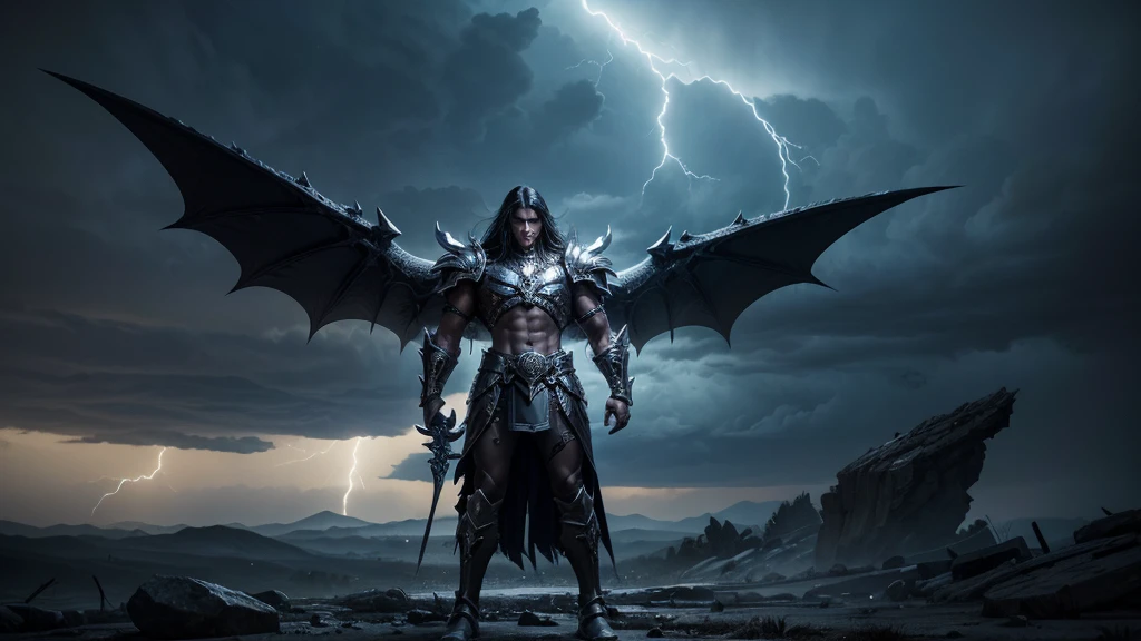 In the center of the scene, a metallic hero with long black hair and armor adorned with spikes and skulls stands victorious. He wields the sword "gram", that shines with an unearthly light, reflecting your determination and strength.

At his feet lies the gigantic body of a defeated white dragon, whose scales shine like snow in the moonlight. The Eyes of the Dragon, that once shone with intelligence and power, now they are opaque, and your wings are spread on the ground, marked by the scars of an intense battle.

The scenery in the background, with stormy clouds and lightning, adds a sense of urgency and tension to the scene.