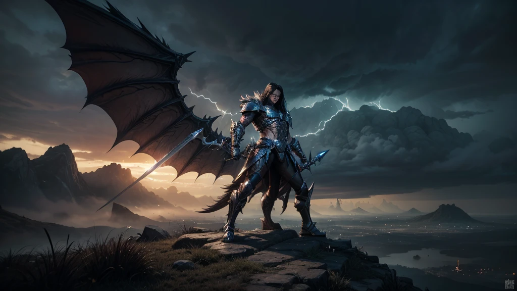 In the center of the scene, a metallic hero with long black hair and armor adorned with spikes and skulls stands victorious. He wields the sword "gram", that shines with an unearthly light, reflecting your determination and strength.
At his feet lies the gigantic body of a defeated white dragon, whose scales shine like snow in the moonlight. The Eyes of the Dragon, that once shone with intelligence and power, now they are opaque, and your wings are spread on the ground, marked by the scars of an intense battle.
The scenery in the background, with stormy clouds and lightning, adds a sense of urgency and tension to the scene.