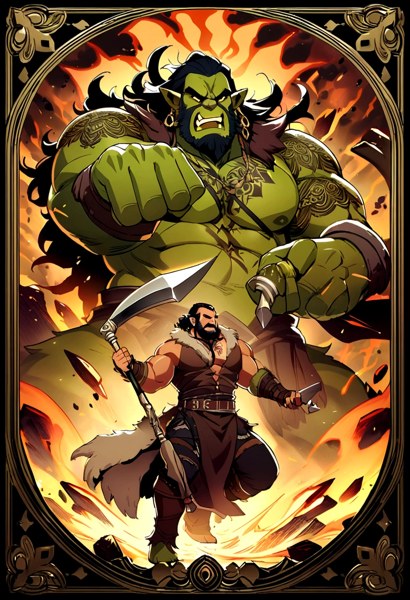 full body view of tall male barbarian orc in fury, green skin, looking like Khal Drogo, big axe in right hand, tattoo written "Volgrak" on his chest, fighting a bear, a plate called Volgrak in his chest