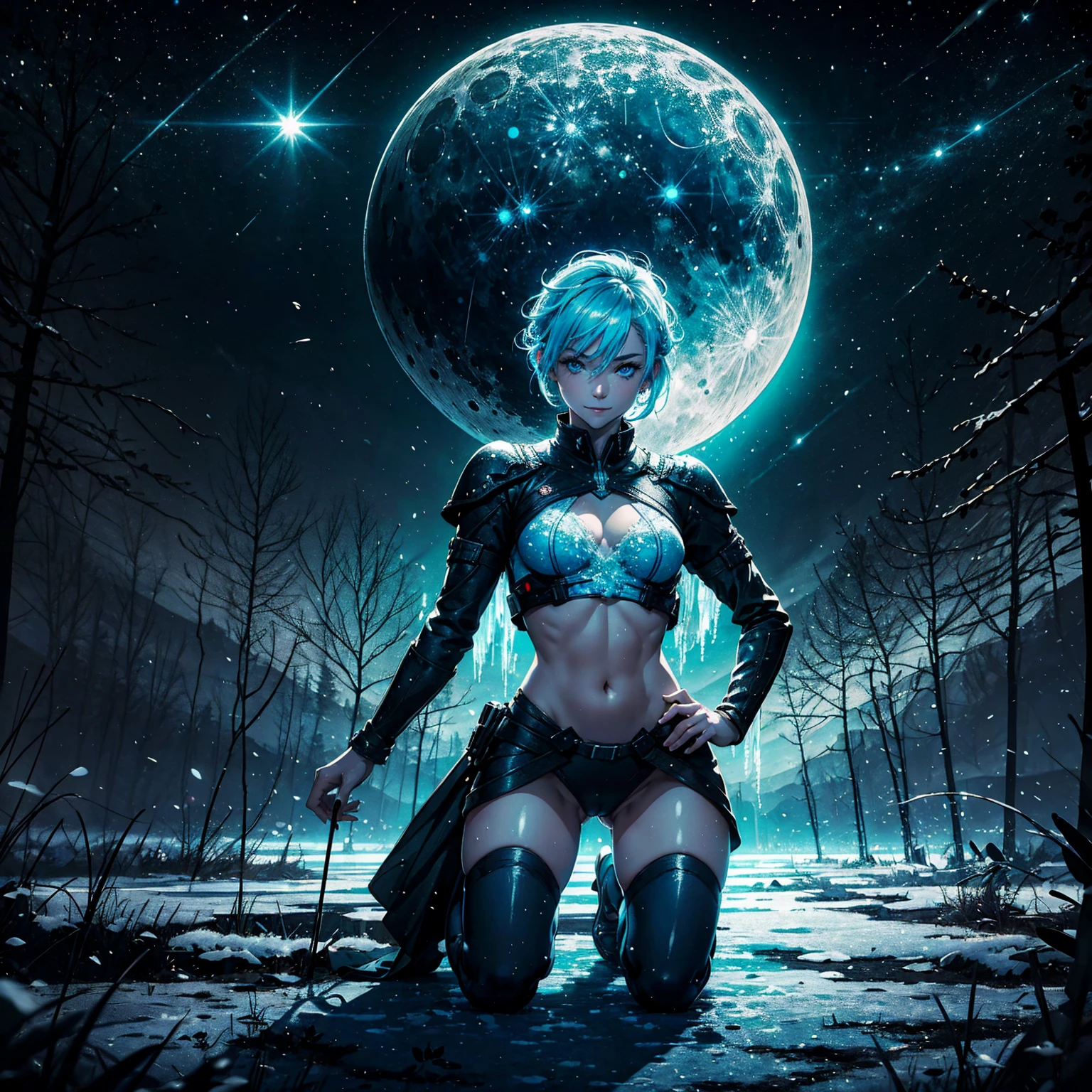 1girl, (solo), short ponytail hair, light blue hair, flat chest, small size, blue eyes, fair skin, smiling face, full nude, full body, lots of cum on sex, kneeling, (night), moon, frozen lake, forest behind, (very sexy body, detailed face, masterpiece, highly detailed, 8k, best quality, vibrant colors, digital art, concept art)