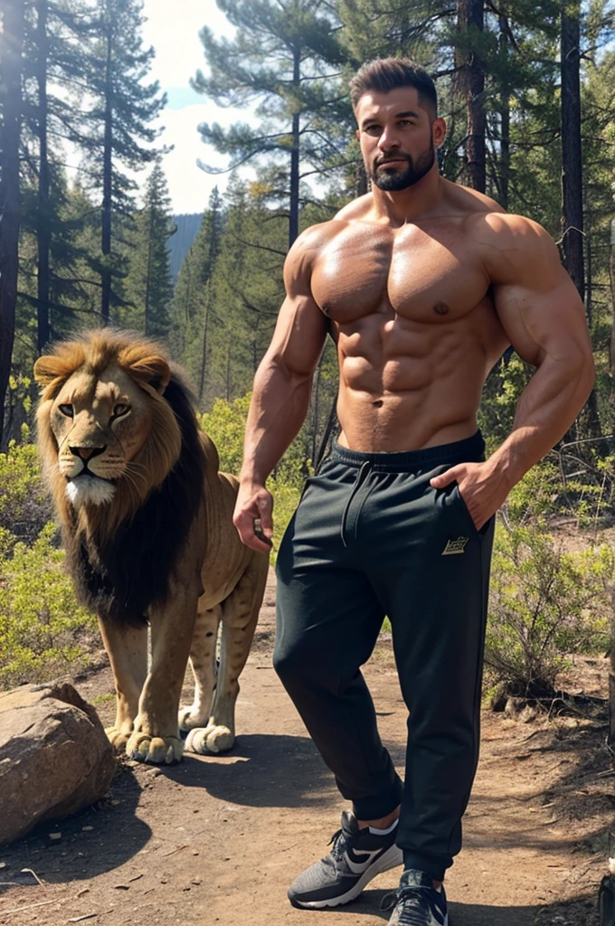 a muscular man with sweatpants on standing in the wilderness with lions standing next to him