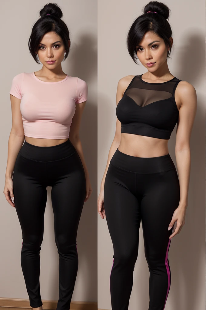 30 year old Latin lady, Skinny body, thin, sexy curves, hourglass curves, hourglass figure, hourglass body, short stature, Skinny body, short black hair, hair with bun, tight pink pants, top with large t-shirt, wide legs, small waist, shapely hips