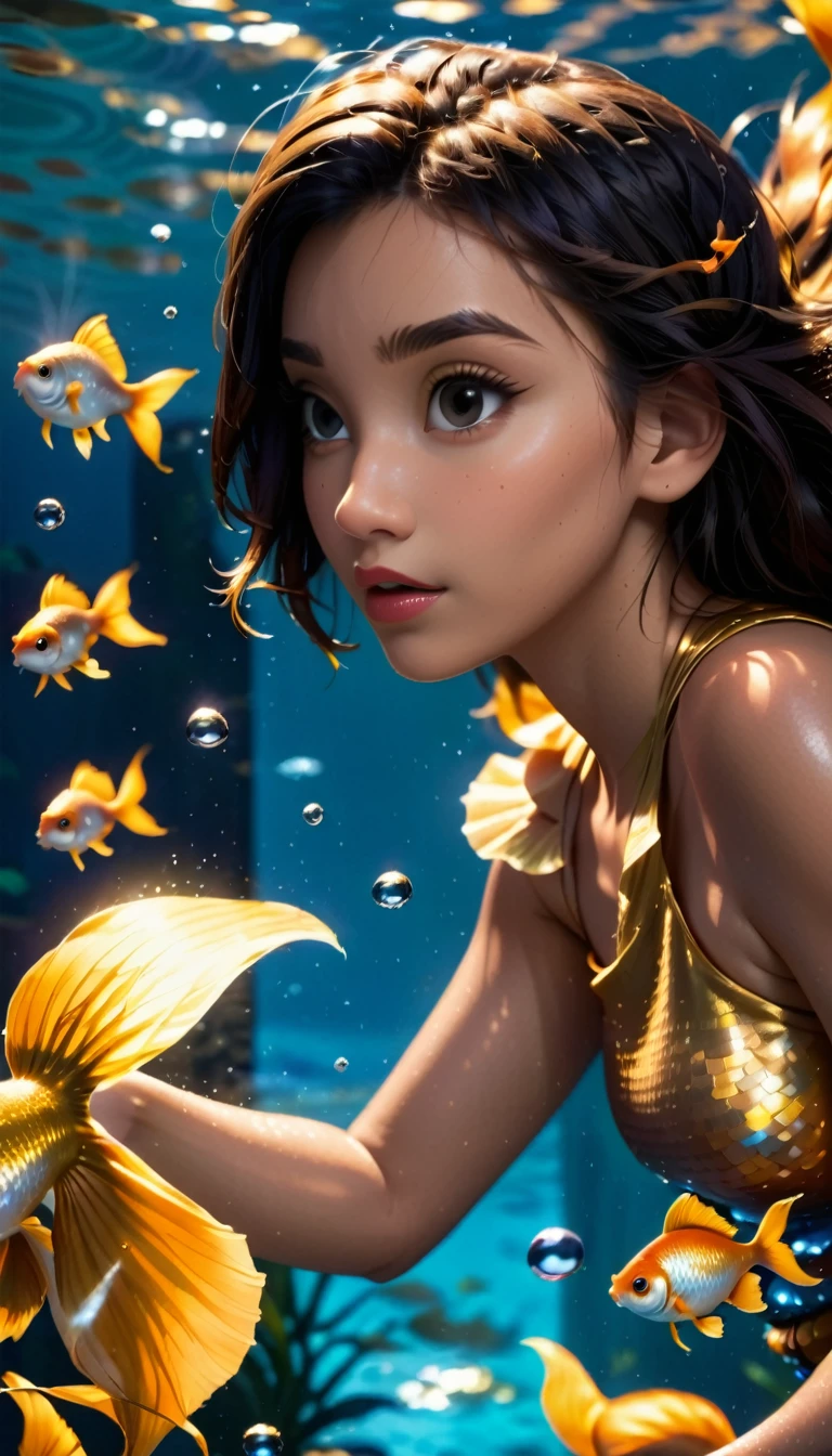 An image of Gold Fish (Meme) with bright, golden scales that shimmer in the light, swimming energetically. Beside her is Roni, a sleek, silver fish with a calm and thoughtful expression, swimming gracefully.