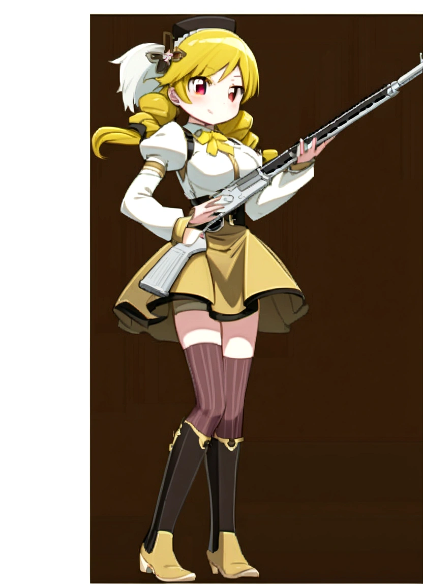 Anime girl holding a gun, MapleStory Gun Girl, with rifle, , Also, rifle, Infantry Girl, Anime Maid SS Military, star, shooting pose, 2D CG, Like a female mechanic, Ash, Anya from Spy x Family, With a pistol, Female Anime Characters, marisa kirisame, Inspired by Le Chevalier「Tomomi」Please draw a magical girl with the appearance and characteristics of。
髪は黄色でドリルツインテールが特徴is。
The weapon is a machete、The special moves are「Tilo Finale」is。
紅茶やケーキが好きでお上品な印象を持つキャラクターis。