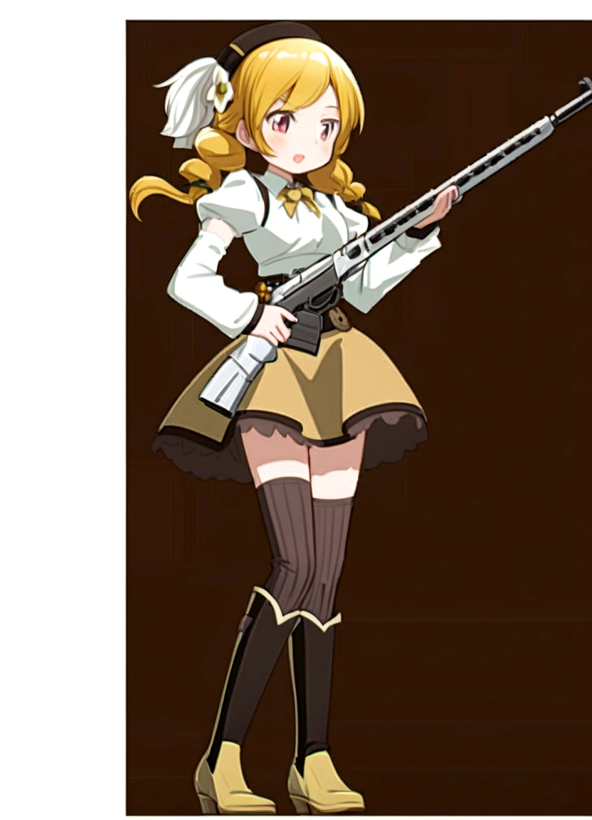 Anime girl holding a gun, MapleStory Gun Girl, with rifle, , Also, rifle, Infantry Girl, Anime Maid SS Military, star, shooting pose, 2D CG, Like a female mechanic, Ash, Anya from Spy x Family, With a pistol, Female Anime Characters, marisa kirisame, Inspired by Le Chevalier「Tomomi」Please draw a magical girl with the appearance and characteristics of。
髪は黄色でドリルツインテールが特徴is。
The weapon is a machete、The special moves are「Tilo Finale」is。
紅茶やケーキが好きでお上品な印象を持つキャラクターis。