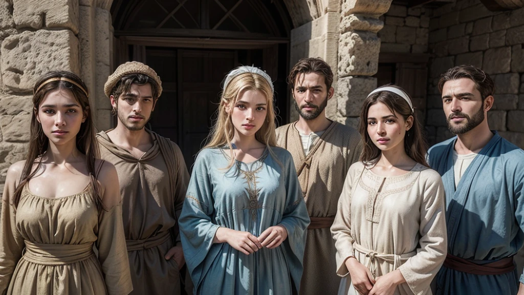 Create an ultra-realistic image of many people from the 1st century in Israel, wearing tunic-style clothing, without wearing hats, and draw the features of the men and women of that time.