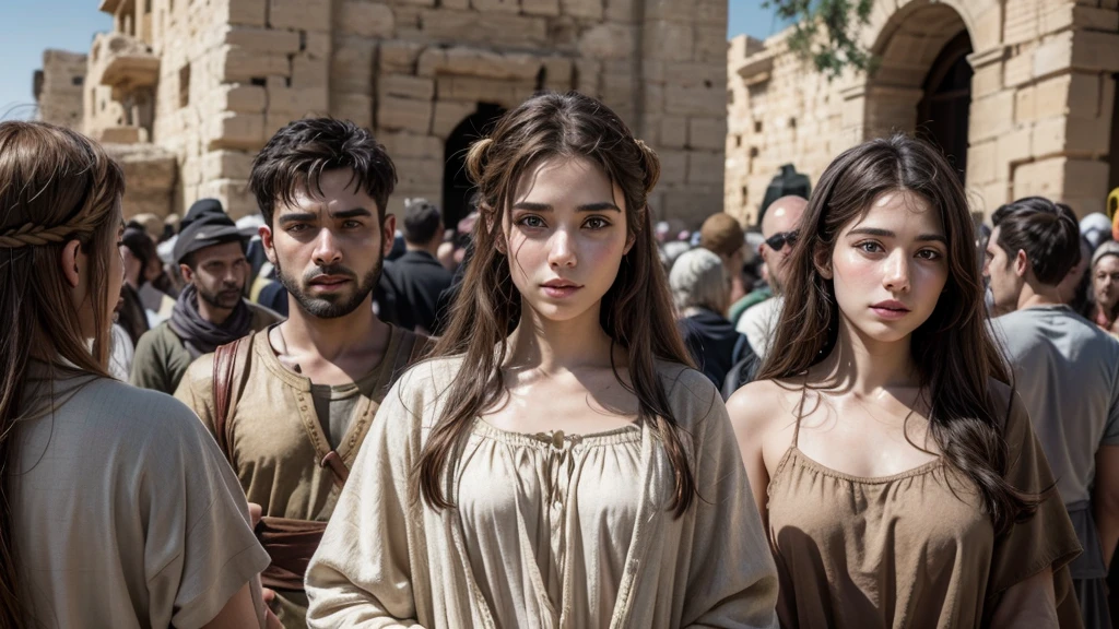 Create an ultra-realistic image of many people from the 1st century in Israel, wearing tunic-style clothing, without wearing hats, and draw the features of the men and women of that time.
