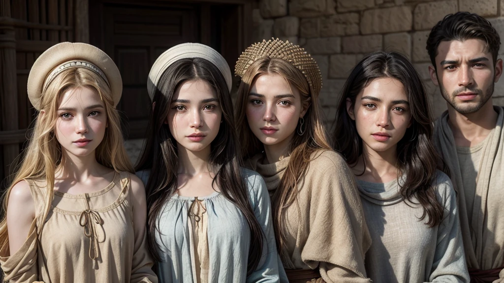 Create an ultra-realistic image of many people from the 1st century in Israel, wearing tunic-style clothing, without wearing hats, and draw the features of the men and women of that time.