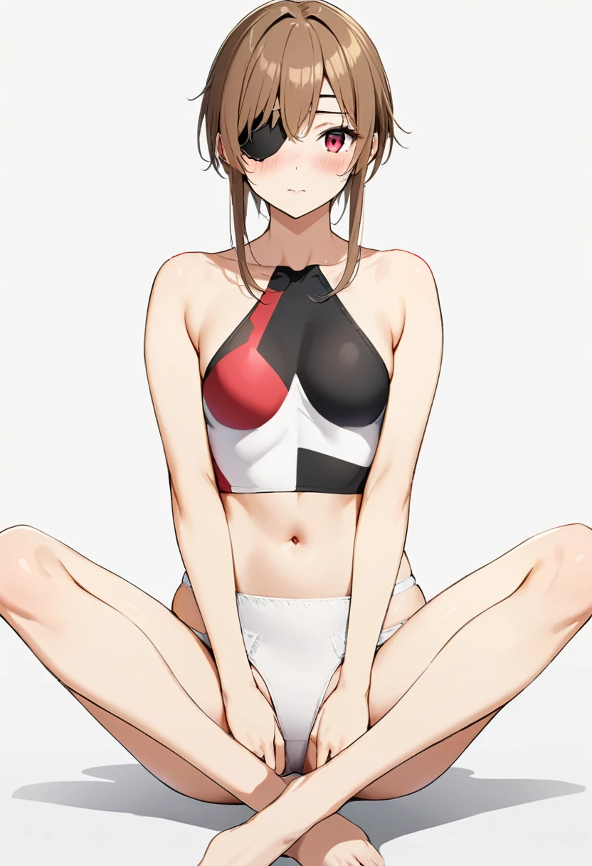 16k works,Highest quality,18-year-old,No background.White background only,whole body、sexy, One person, Beautiful Face,, Symmetrical eyes, Perfect body, Good balance、 Perfect body、Blushed, Red eyes, Brown Hair, Eye patch, Heel, panties、sit