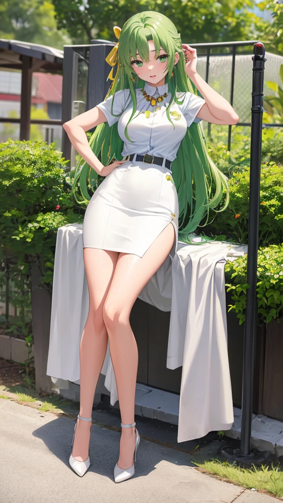 masterpiece, best quality, ultra-high-detailed,Sonozaki Shion, green hair, green eyes, long hair, yellow ribbon, White Necklace, Earrings, White Shirt, White Pencil Skirt, White Indigo Pantyhose, Heel Shoes, ((Full-body Shot))