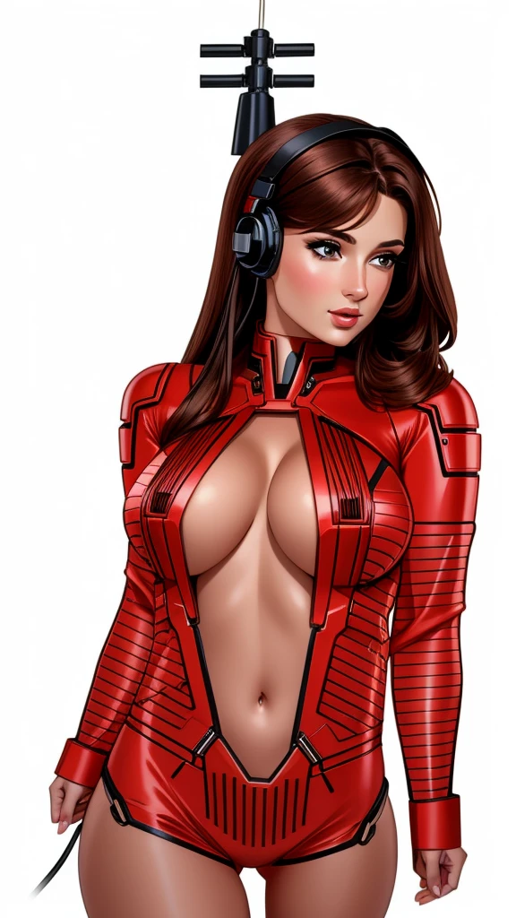 gorgeous woman, brown hair, red bodysuit, navel, cleavage cutout, mechanical antenna interface headset, looking at viewer,
blank background, white background,