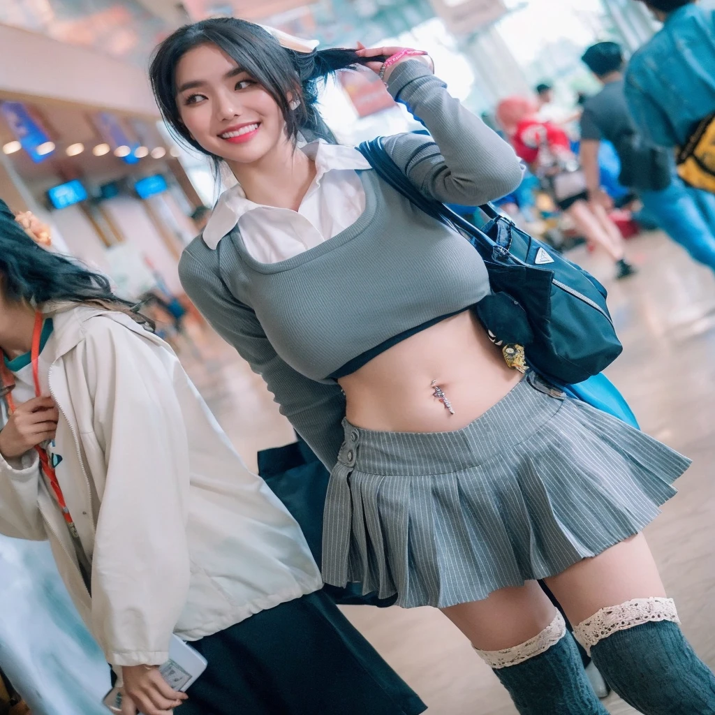 underboob wearing high , underboob school gang potrait medium shoot foto, A young tall sexy body korea female , wearing small crop collared shirt with grey tie and pencil grey skirt,with sneakers, indoor background clasroom. and 3girls crew,medium shoot photo,huge breast, white skin. hug each other,big breast, white skin.perfect white teeth.. hug each other