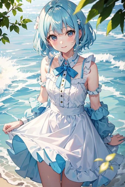 Super delicate light blue hair cute girl、A junior high school student、8k ultra high definition, Delicate texture, short hair、light blue clothing、Summer Park、daytime、Friendly Smile、looking into camera