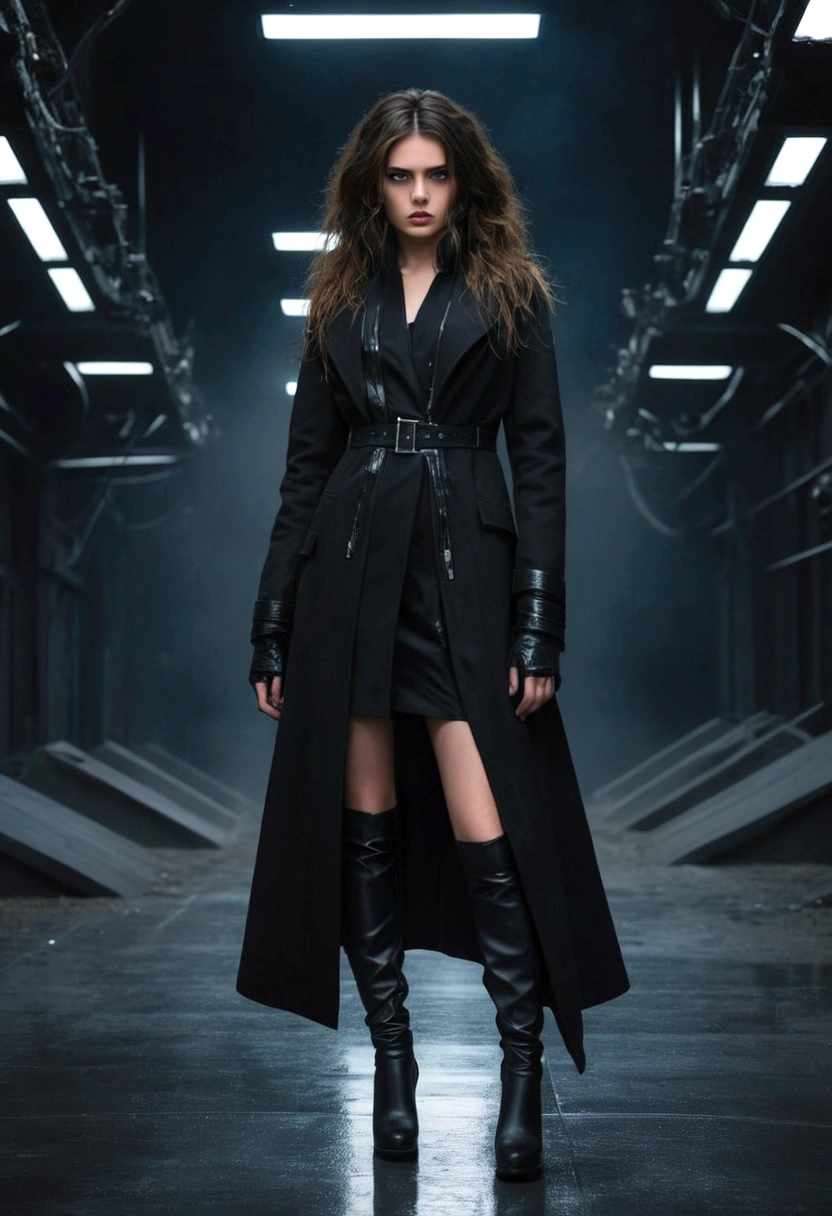 A young woman with a fierce and determined expression, wearing a long black coat and stylish black boots. She has tousled hair and an intense gaze, embodying a dystopian, edgy, and powerful aesthetic. The background is dark and moody, with a hint of futuristic elements, reflecting the intense and dramatic atmosphere