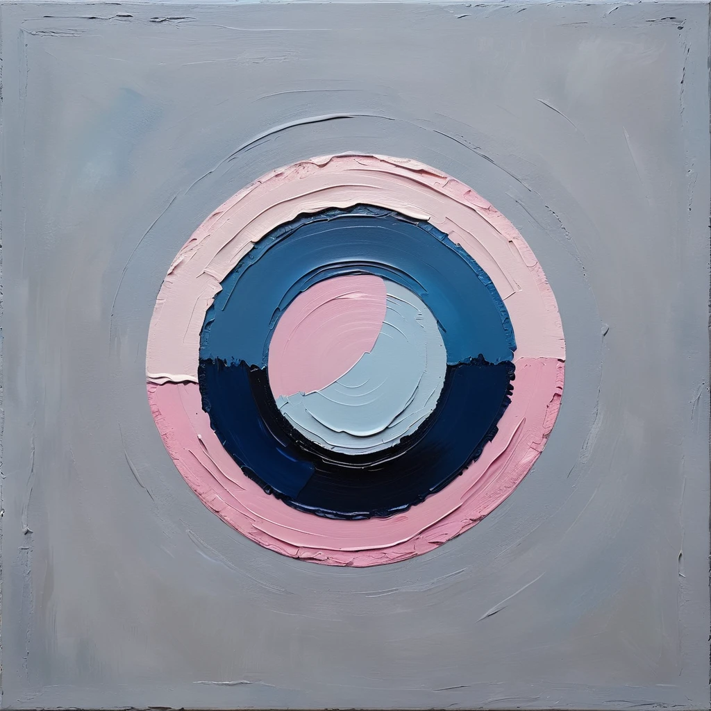 a thick textured oil painting, impasto brushstrokes, dry brushing,revealing underlayers, abstract landscape, moody lighting, dramatic shadows, muted earthy colors, vibrant colors, highly detailed, masterpiece, using a palette of light pink, muted blue, dark grayish blue, bright blue, very dark gray, and light grayish blue shade of emotion