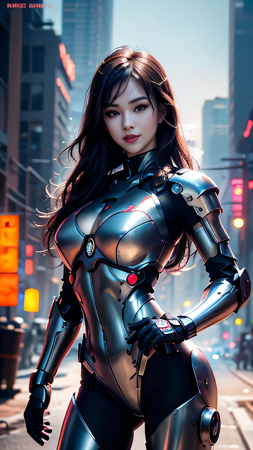 1girl,solo,(bright red lips,eyeliner,blush:0.9),small breasts,(nice breasts),happy,smile,((facing to viewer)),nsfw,pose,cowboy shot,dynamic pose, mecha,full armor,cyberpunk city night,dark theme,rim lighting, masterpiece,official art,best quality,ray tracing,volumetric light,realistic,photorealistic,ultra highres,vivid,nostalgia,bokeh,