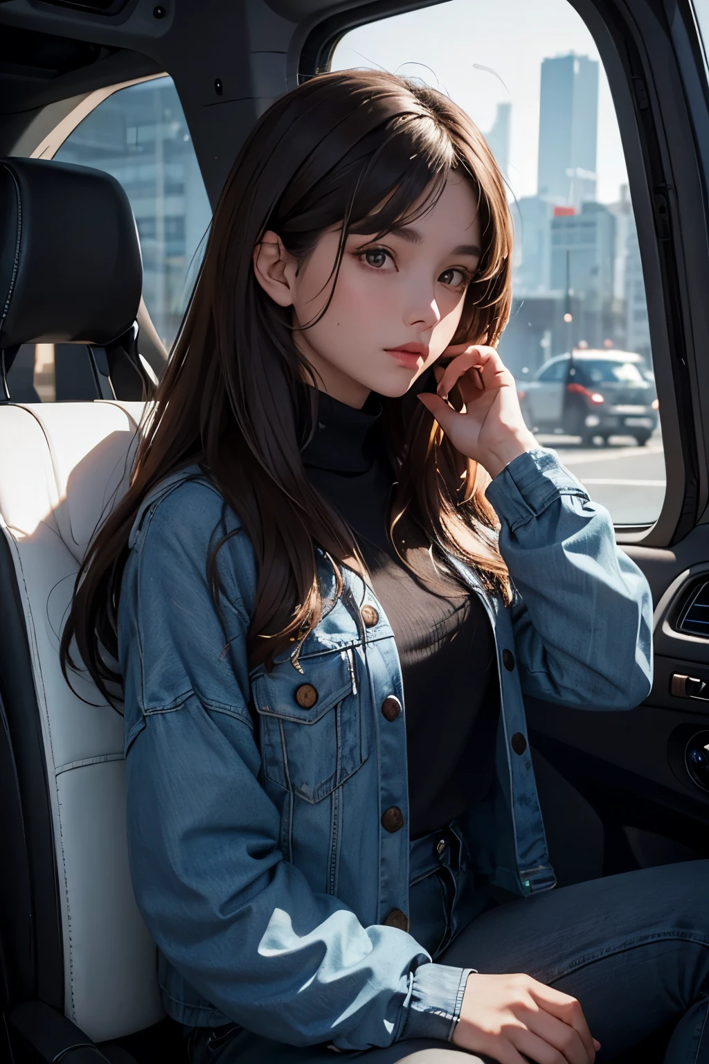 One beautiful woman。Dark brown hair。23 years old。Detailed drawing of faces。She is sitting at the controls of a small spaceship.。She is looking at the camera with a serious expression。He was wearing a jacket and blue jeans.。