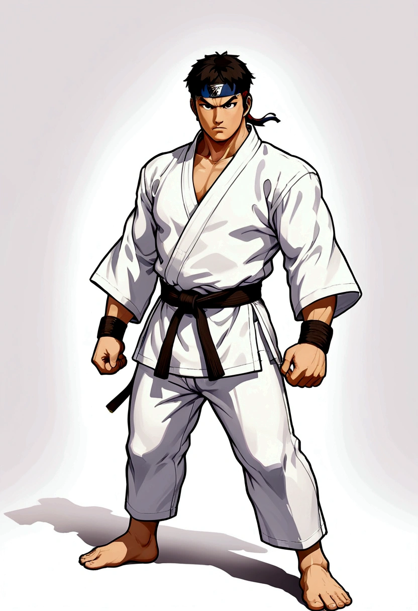 Create a full-body image of Ryu from Street Fighter wearing his iconic solid white kimono, facing forward. The belt of his kimono should already have the name 'Tawkedow' clearly written on it. The background should be white, highlighting Ryu in a dynamic and powerful pose, ready for battle. His black hair should be clearly visible, and his expression should be intense and focused.