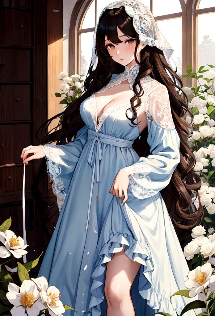 girl, YOUNG, Women, long curly black hair, long hair, curly hair, Brown eyes, hazel eyes, pale skin, clothing light blue dress, White flowers, light brown eyes, sexy, sensual, lace