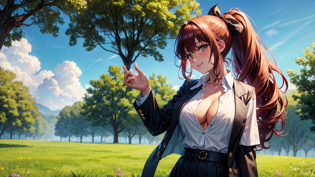 1girl, solo, summer, village, trees, sun, clouds, fantasy, ((colorful hair)), curly hair, ponytail, big full breasts, ((black blazer)), button down shirt, ((white shirt)), ((short sleeved shirt)), ((unbuttoned shirt)), unbuttoning buttons, cleavage 1:3, brown eyes, skirt, smile, looking at the viewer, standing, hair ribbon, golden necklate