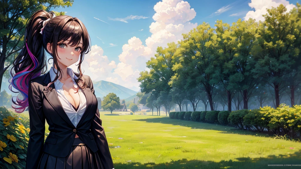 1girl, solo, summer, village, trees, sun, clouds, fantasy, ((colorful hair)), curly hair, ponytail, big full breasts, ((black blazer)), button down shirt, ((white shirt)), ((short sleeved shirt)), ((unbuttoned shirt)), unbuttoning buttons, cleavage 1:3, brown eyes, skirt, smile, looking at the viewer, standing, hair ribbon, golden necklate
