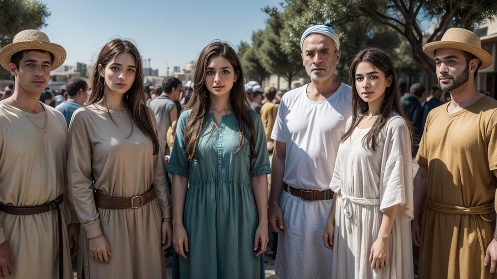 Create an ultra-realistic image of many people in Israel, wearing tunic-style clothing, no hats, and sketch the features of the men and women of that time.
