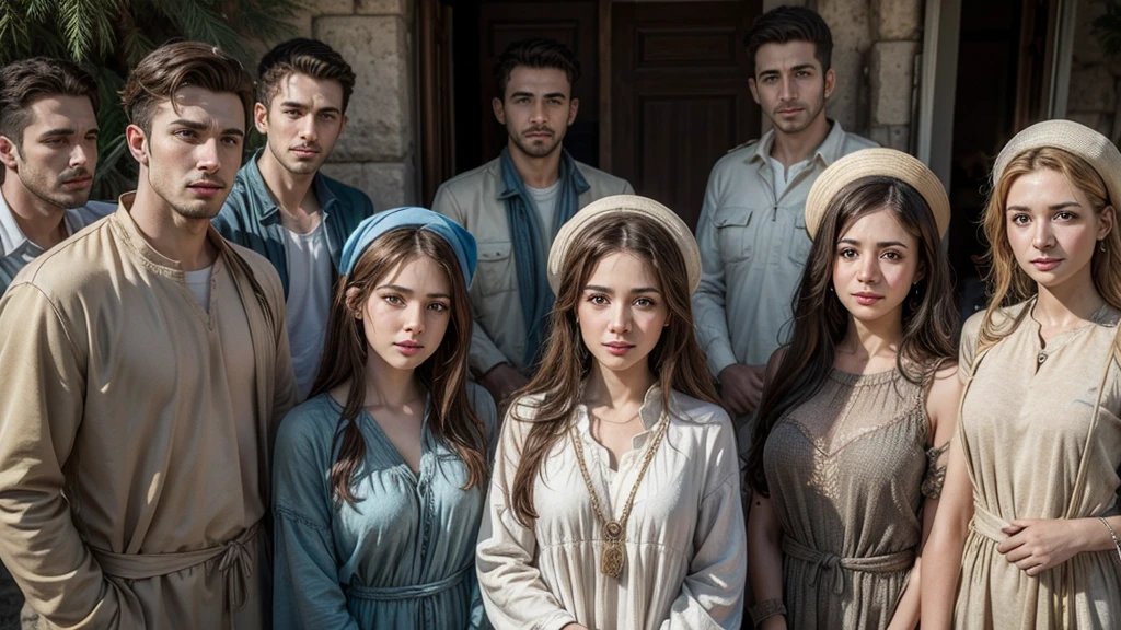 Create an ultra-realistic image of many people in Israel, wearing tunic-style clothing, no hats, and sketch the features of the men and women of that time.