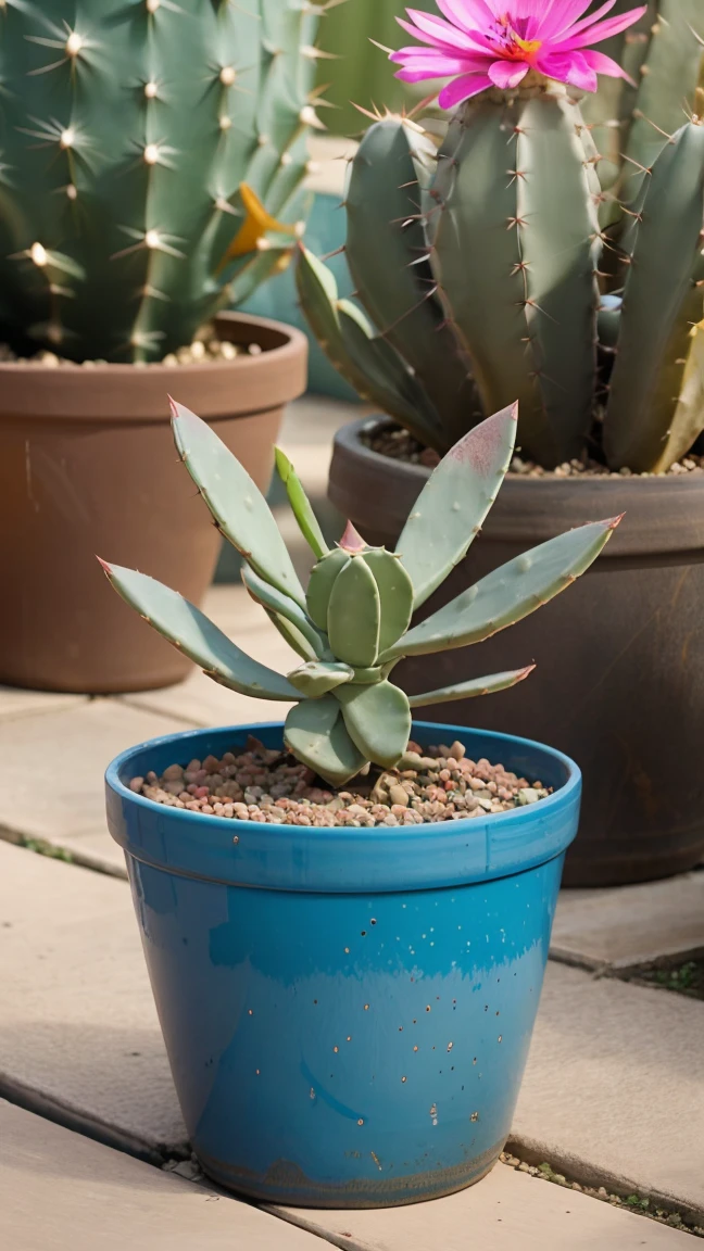 there is a cactus plant in a blue pot with a pink flower, cactus and flowers, cactus, 2 years old, cactus, adjacent cactus.