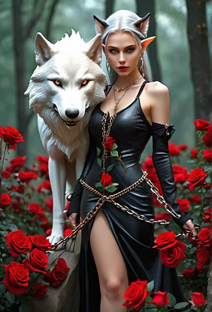BEAUTIFUL ELF,fully body, (evil expression),(elf ear)short, bodycon dress,pulling a huge wolf by the chain(wolf bigger than elf}red roses around you 