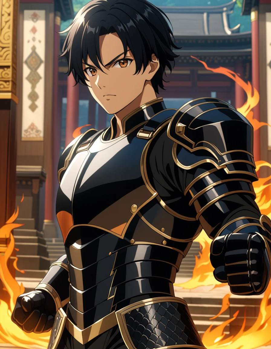 ((1 chico, Jet black hair, short hair)),  An epic closeup of the dark fighter, his fists are imbued with fire, looking at the viewer, (alone), Full body armor , negro, golden edges, Dragon Eye Inlaid Armor, combat stance, full body shot, in a temple in the background, anime screencap, Masterpiece, The best quality, high detail, high resolution, UHD, 4k, 8k