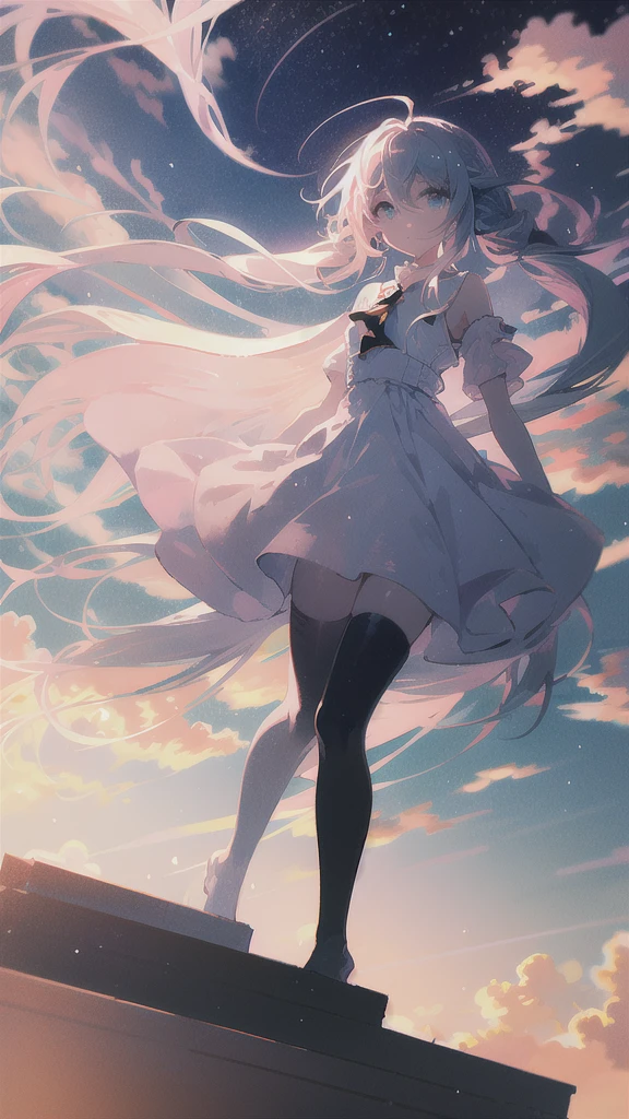 best quality, masterpiece, sunset, cloud, 1girl, long hair, sky, cloudy sky, thighhighs, horizon, solo, floating hair, gradient sky, outdoors, star, starry sky, blue hair, full body, standing, looking at viewer, background, light and shadow, lighting, sunset, sky,