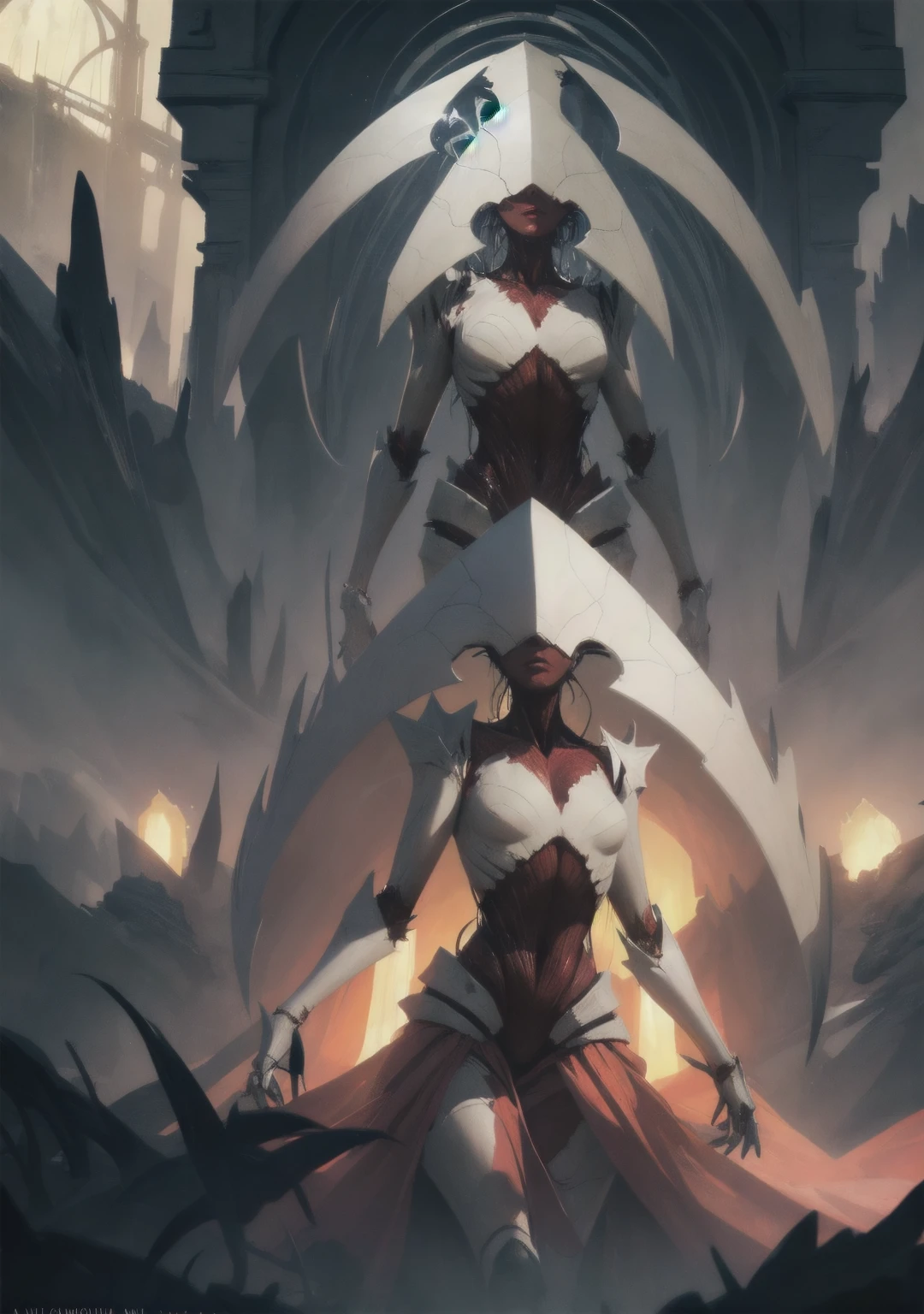 elesh norn, mother of machines, phyrexia, 1girl, solo, moonlit landscape, desert, nighttime starry sky, standing in the moonlight, light shining down from above, beautiful illumination, intricate patterns, otherworldly atmosphere, dramatic lighting, cinematic composition, dark fantasy, digital art, concept art, hyper detailed, photorealistic