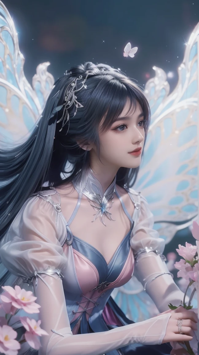 1girl, girl with long black hair, smiling, cheerful, the girl wearing white long dress, girl is lie down among a wide expanse of flowers,girl posing gracefully , surrounded by beautiful flowers, Calm and peaceful atmosphere, night, moonlight , Beautiful glowing butterflies surround the girl lighting up the darkness of the night, magic,Romantic, the night breeze blows the Sepoi Sepoi girl's hair, 